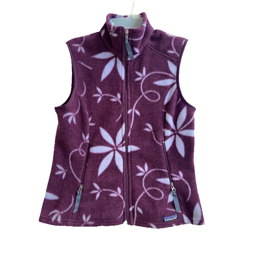 Ladies Patagonia Synchilla Fleece Purple Floral Print Zip Front Vest Size S